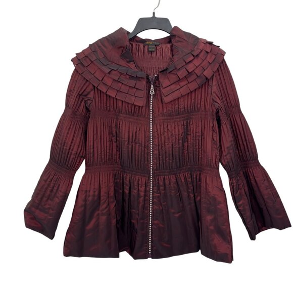 Jerry T Womens Pleated Burgundy Jacket With Unique Collar & Flared Sleeves Size - Picture 12 of 12